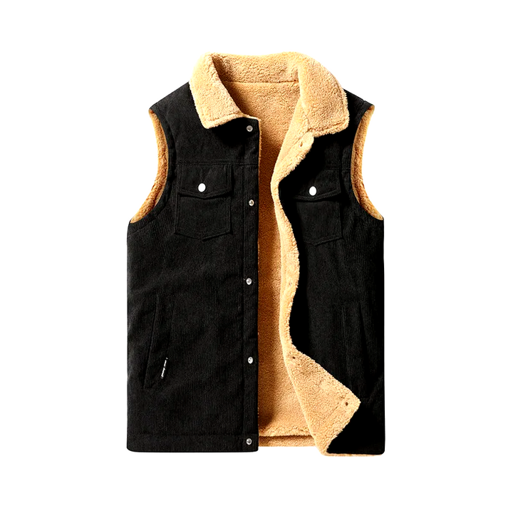 Black men's corduroy vest with cozy cashmere lining & multiple pockets; ideal for warm winter fashion.