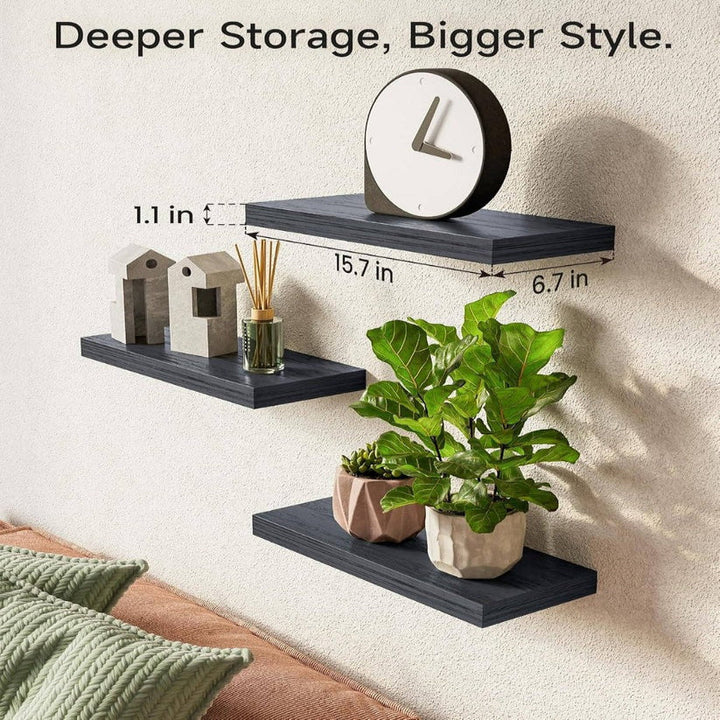Space-saving set of 3 rustic floating shelves. Wall mounted storage for living room, bathroom, or kitchen.