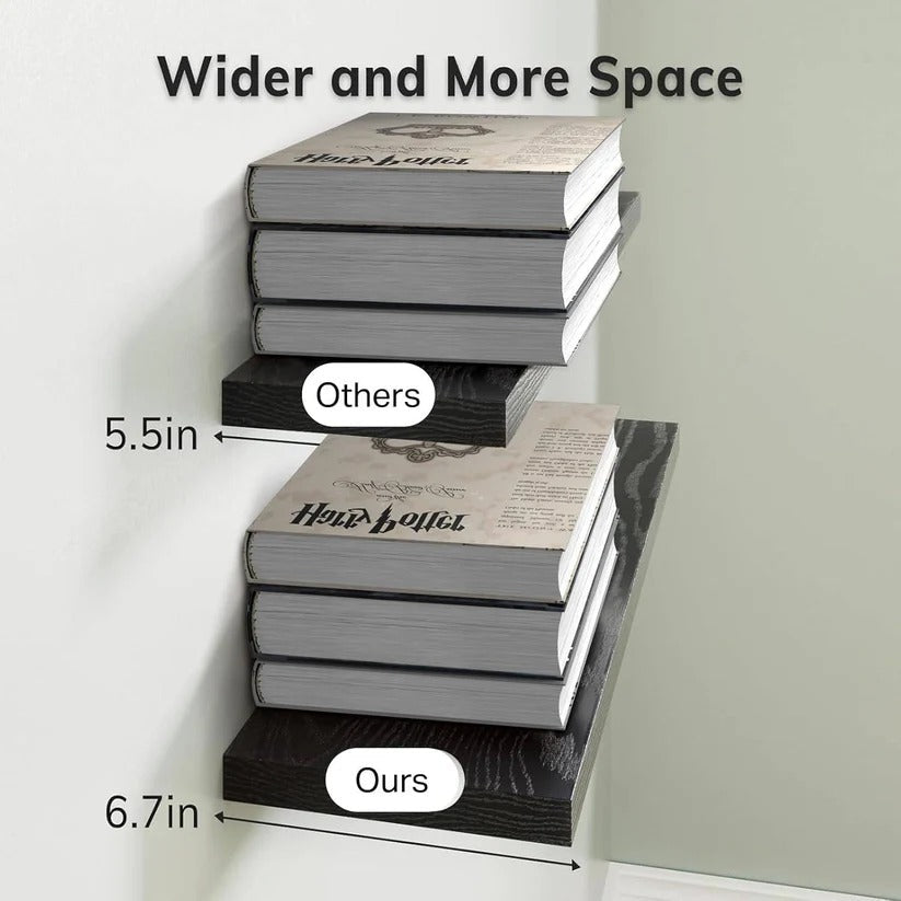Decorated rustic floating shelves (set of 3) with plants & books, showcasing versatile home decor.