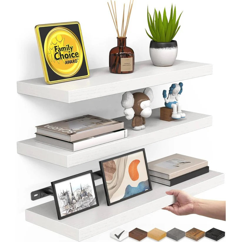 Set of 3 rustic wood floating shelves for living room decor & display. Wall mounted space-saving storage.