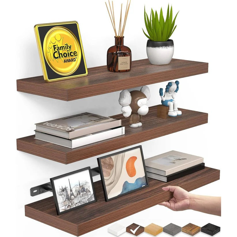 Kitchen organization with rustic floating shelves, set of 3. Ideal for spices & small items. Space-saving.