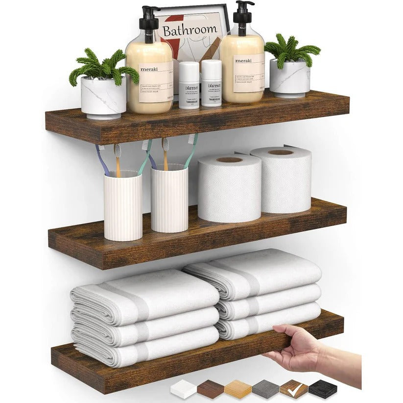 Bathroom storage solution: set of 3 rustic floating wall shelves for toiletries & decor. Space-saving.