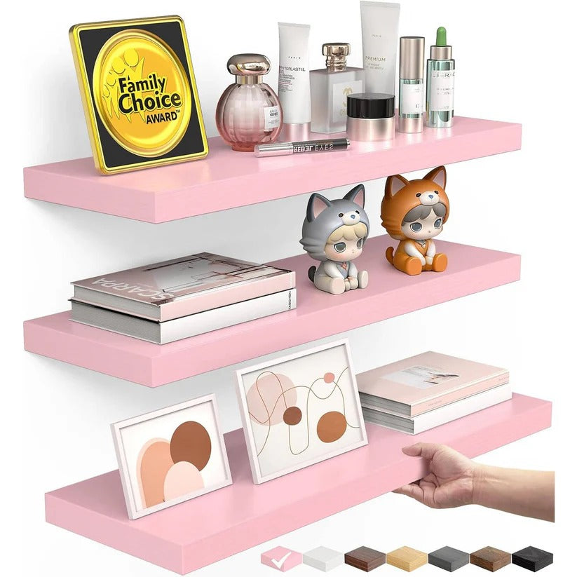 Bedroom storage: a set of 3 rustic wood floating shelves. Display books & decorative items. Wall mounted.