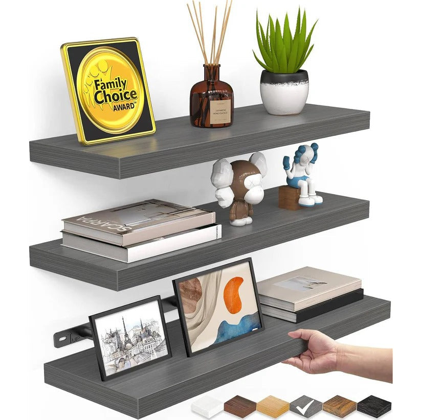 Wall mounted rustic wood floating shelves, set of 3. Durable home organization & modern rustic decor.