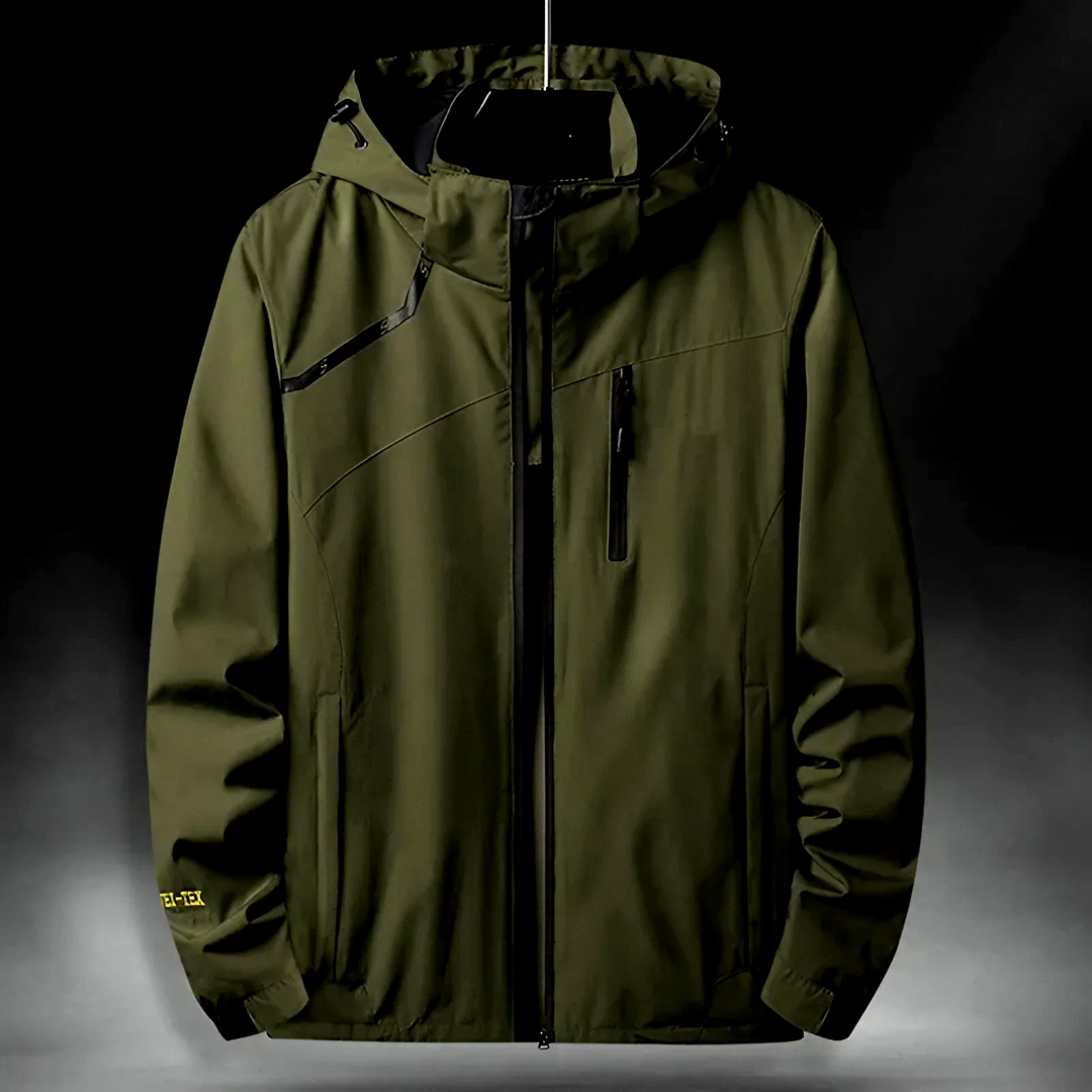 Black men's windproof & waterproof technical jacket with hood, ideal activewear for all weather conditions.