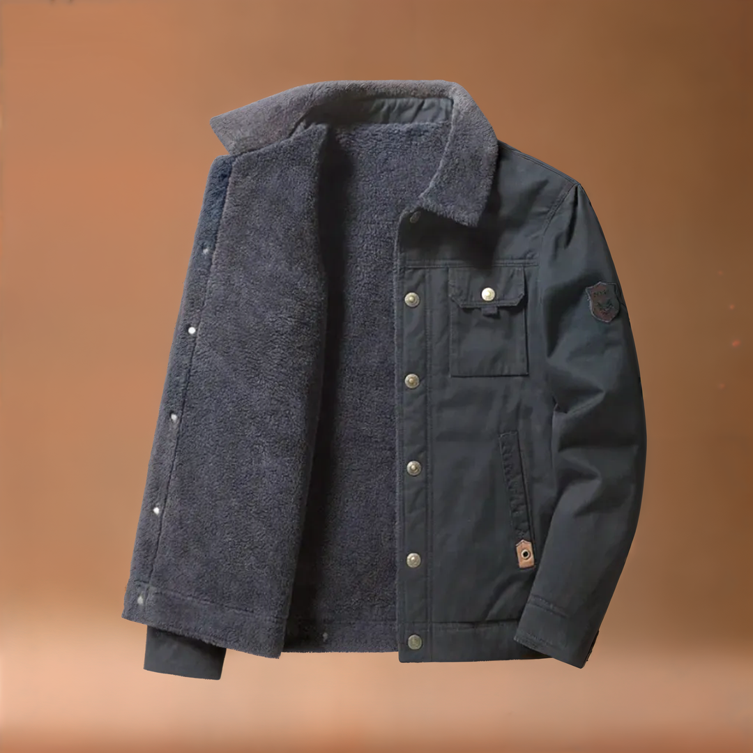 Front view of men's Timberline Sherpa Lined Trucker Jacket in khaki, a comfortable and warm winter jacket.