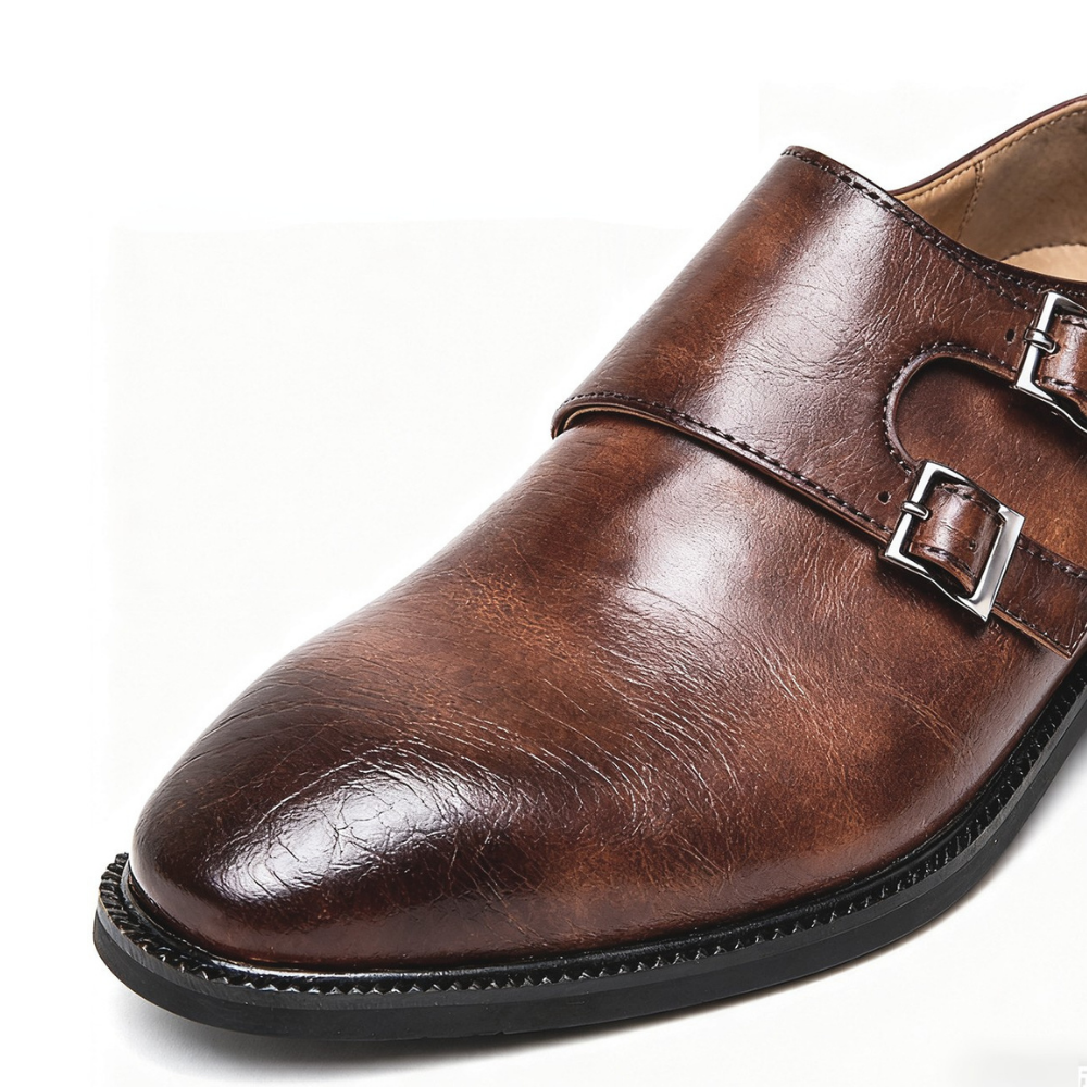 Close-up of men's Valmont double buckle loafers, highlighting the detailed buckles and quality finish.
