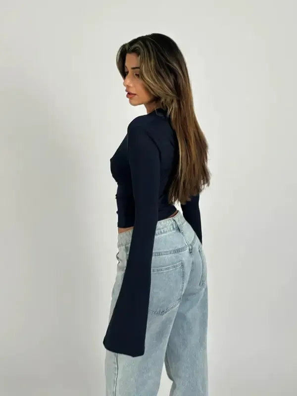 Women's elegant long sleeve lace V-neck top, a versatile and slim-fit fashion staple.