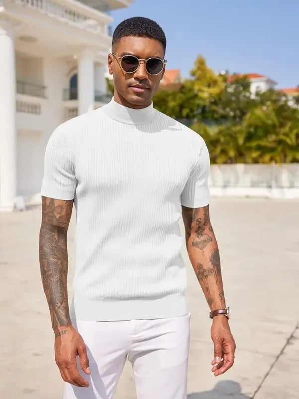 Stylish men's short sleeve mock neck top with a tailored fit. Ideal for modern casual and smart casual mens fashion.
