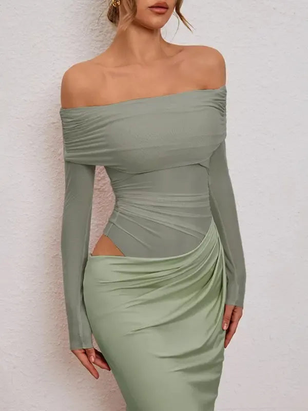 Elegant women's bodycon ruched cut-out evening gown. Off-shoulder formal dress perfect for special events.