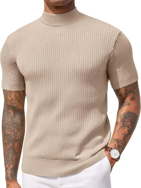 Modern men's short sleeve mock neck top. Perfect for smart casual or everyday wear with a tailored, sophisticated fit.