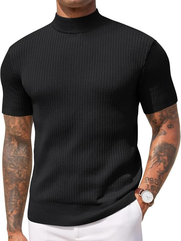 Tailored men's mock neck short sleeve shirt, embodying modern style & sophisticated mens fashion for casual comfort.