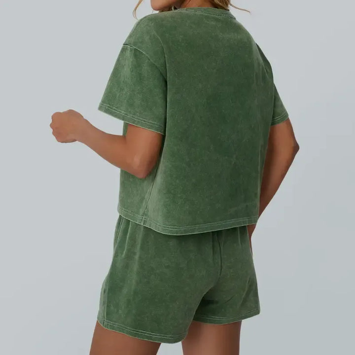 Stylish women's lounge set in soft, washed cotton jersey, designed for relaxed comfort and casual wear.