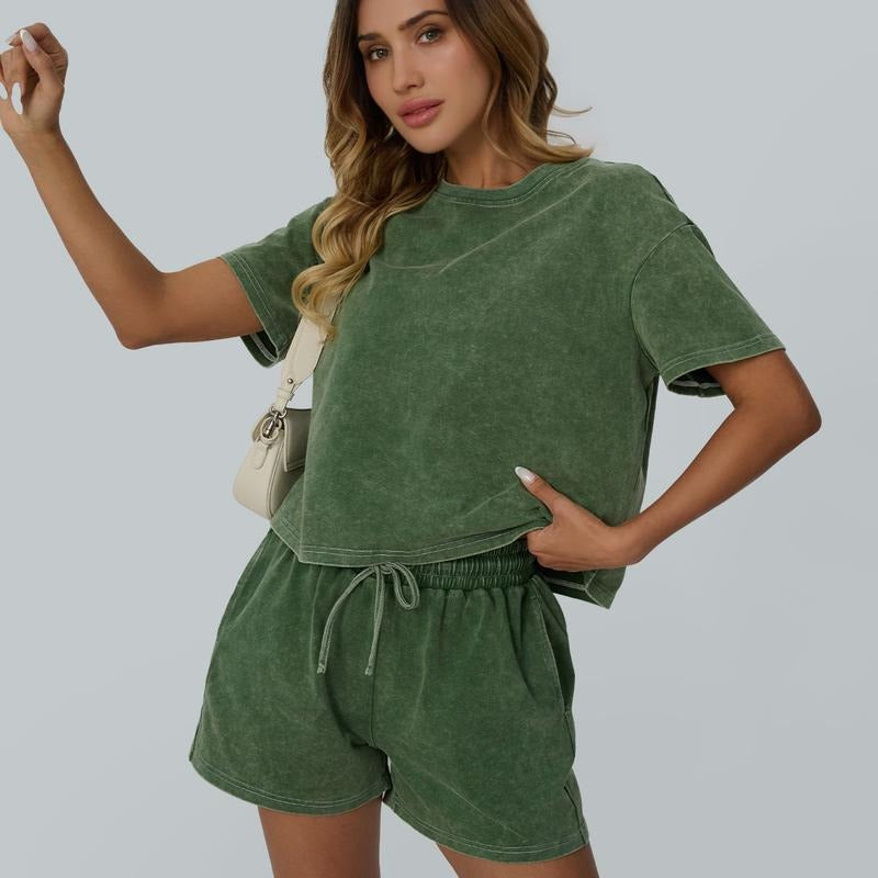 Women's washed cotton lounge set, relaxed fit two-piece for ultimate comfort and home wear.