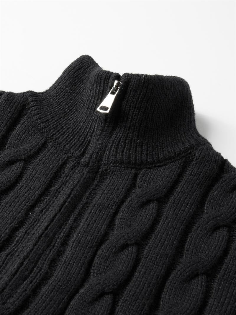Man casually styled in a timeless cable knit quarter-zip sweater, embodying classic men's fashion and comfort.