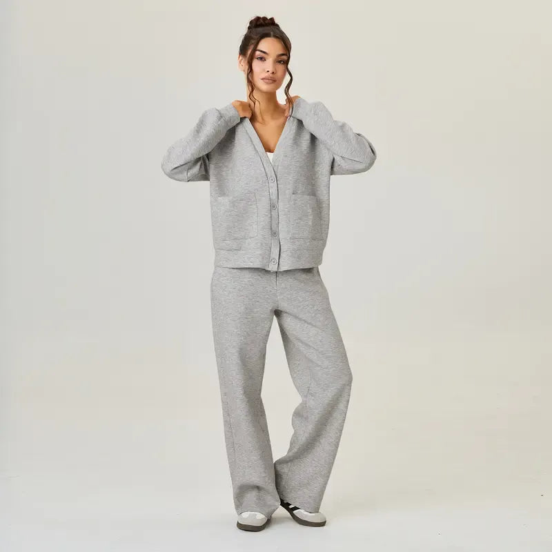 Navy blue women's comfortable knit lounge set, a two-piece outfit perfect for relaxing at home.
