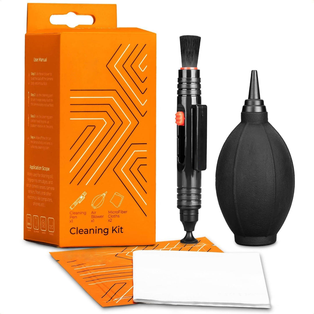 Camera lens cleaner kit with dust blower, soft brush, and lens pen for DSLR and mirrorless camera maintenance.