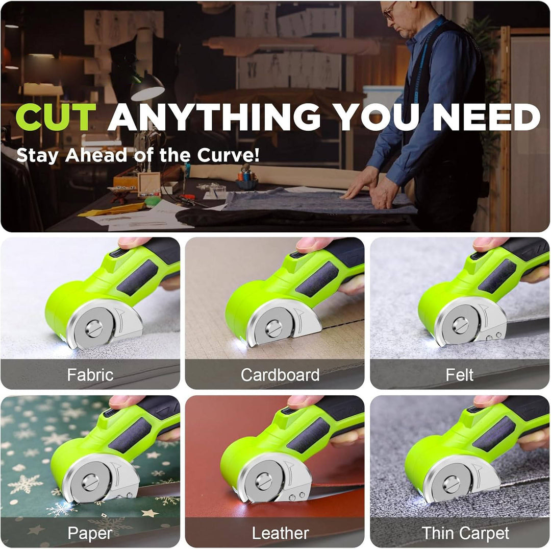 Cordless electric fabric cutter with bright LED work light, rechargeable for precise DIY & craft projects.