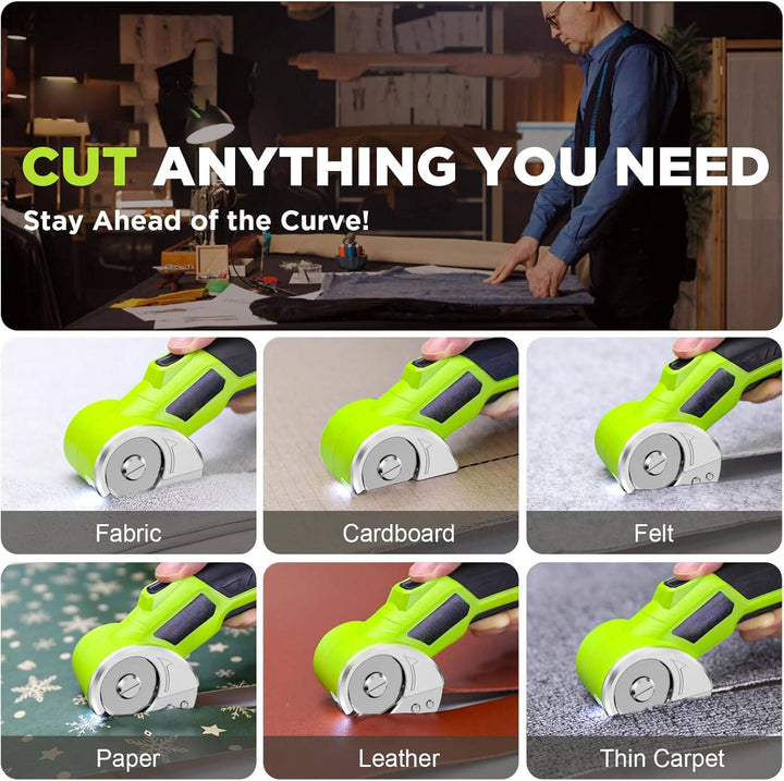 Cordless electric fabric cutter with bright LED work light, rechargeable for precise DIY & craft projects.