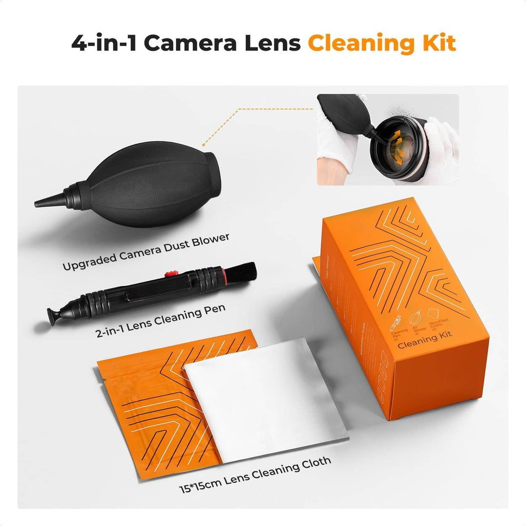 Professional photography cleaning kit including a powerful dust blower, lens brush, and multiple cleaning cloths.