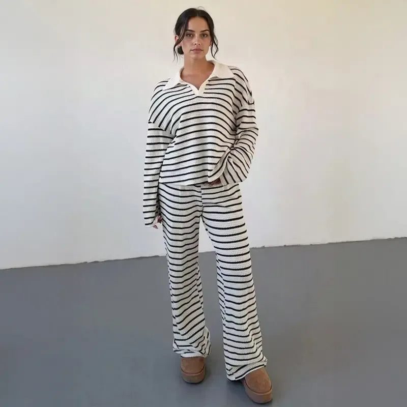 Close-up of a women's striped knit lounge set, highlighting the soft cotton blend fabric and stylish stripes.