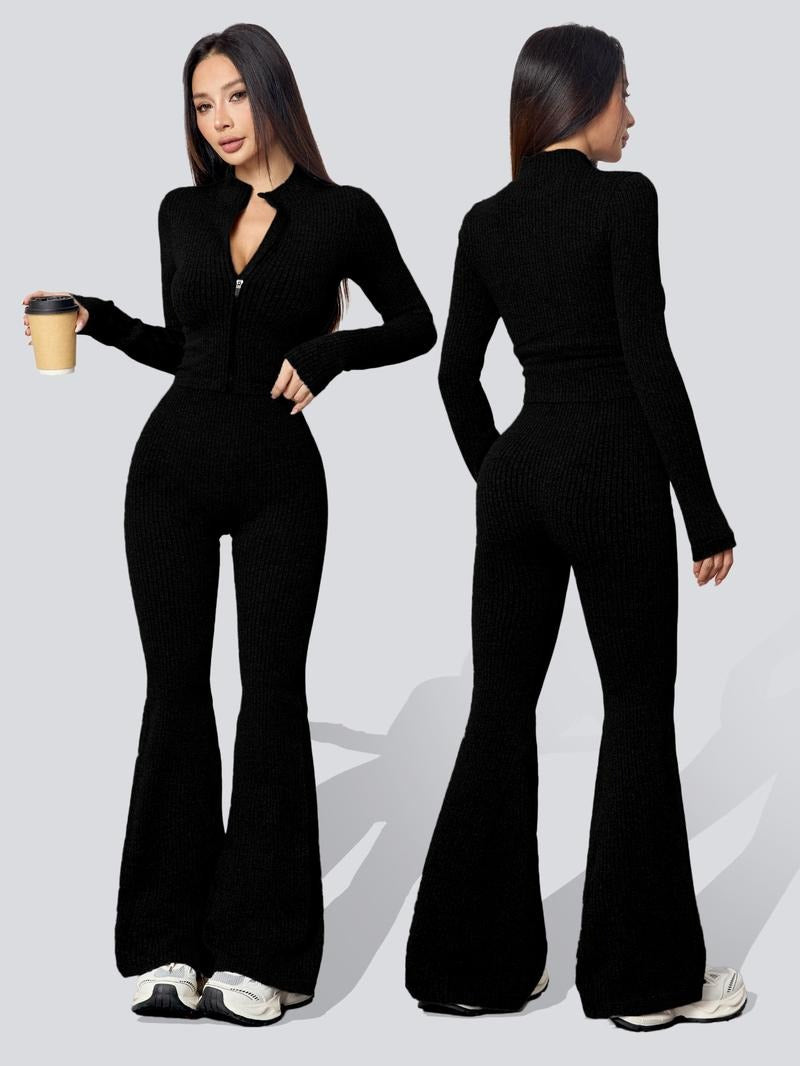 Stylish women's ribbed knit long sleeve top from a two-piece set, paired with matching flare pants.