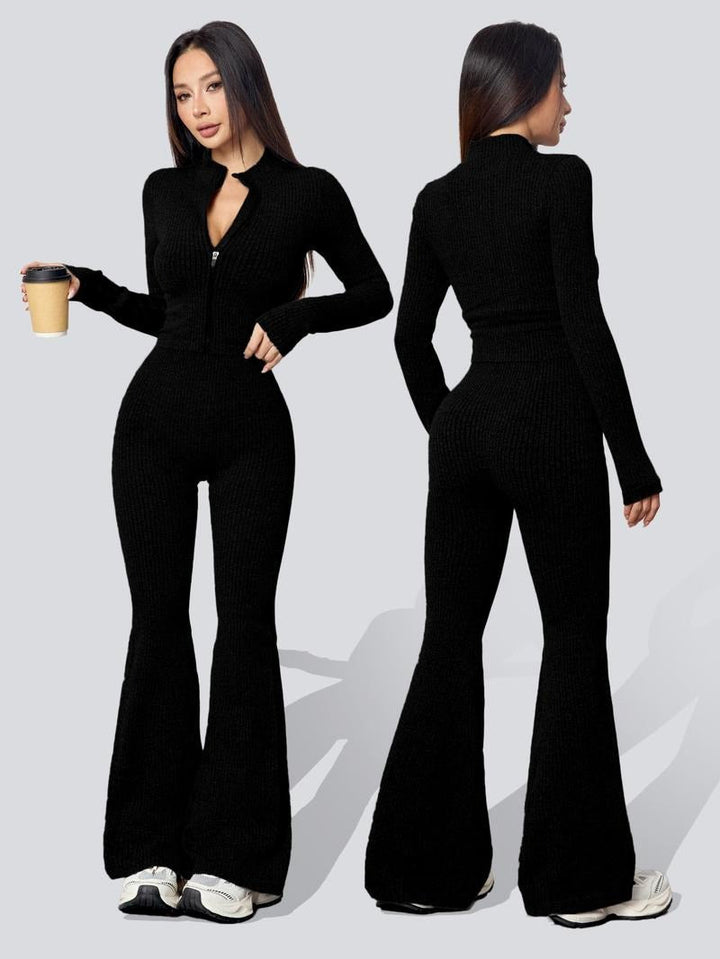 Stylish women's ribbed knit long sleeve top from a two-piece set, paired with matching flare pants.