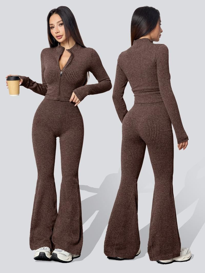 Elegant women's ribbed knit flare pants from a two-piece set, designed for comfort & style.
