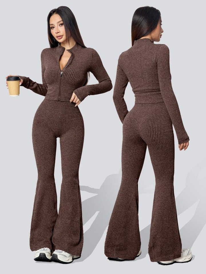 Elegant women's ribbed knit flare pants from a two-piece set, designed for comfort & style.