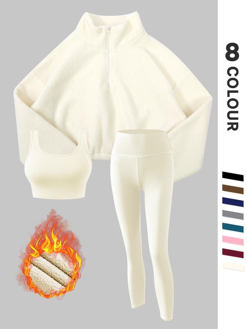Women's cozy thermal fleece activewear set. Warm sculpting leggings, pullover & supportive bra for winter workouts.