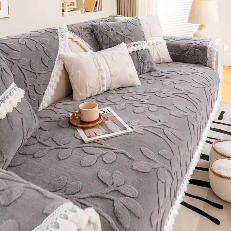 Plush Jacquard Branch Pattern Non-Slip Sofa Cover