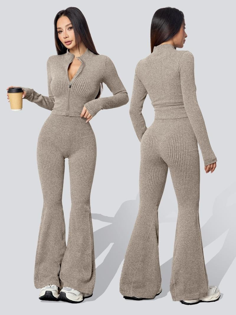 Women's ribbed knit two-piece set, long sleeve top & flare pants, for casual elegance.