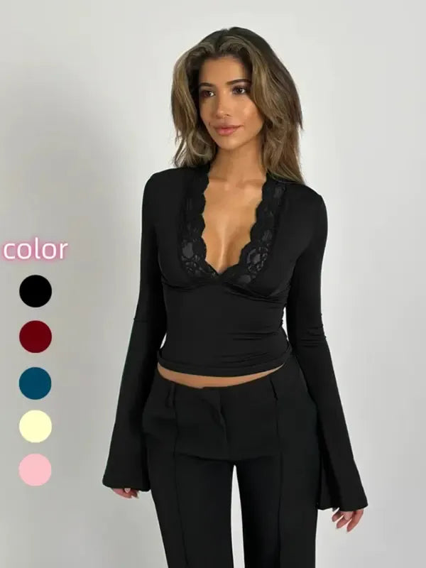 Women's elegant black lace V-neck long sleeve top, slim fit & comfortable for chic style.