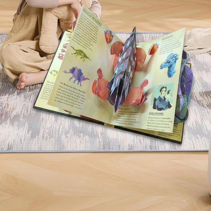 Close-up of a vibrant 3D pop-up dinosaur book, open to an exciting prehistoric scene. Engaging kids' science book.