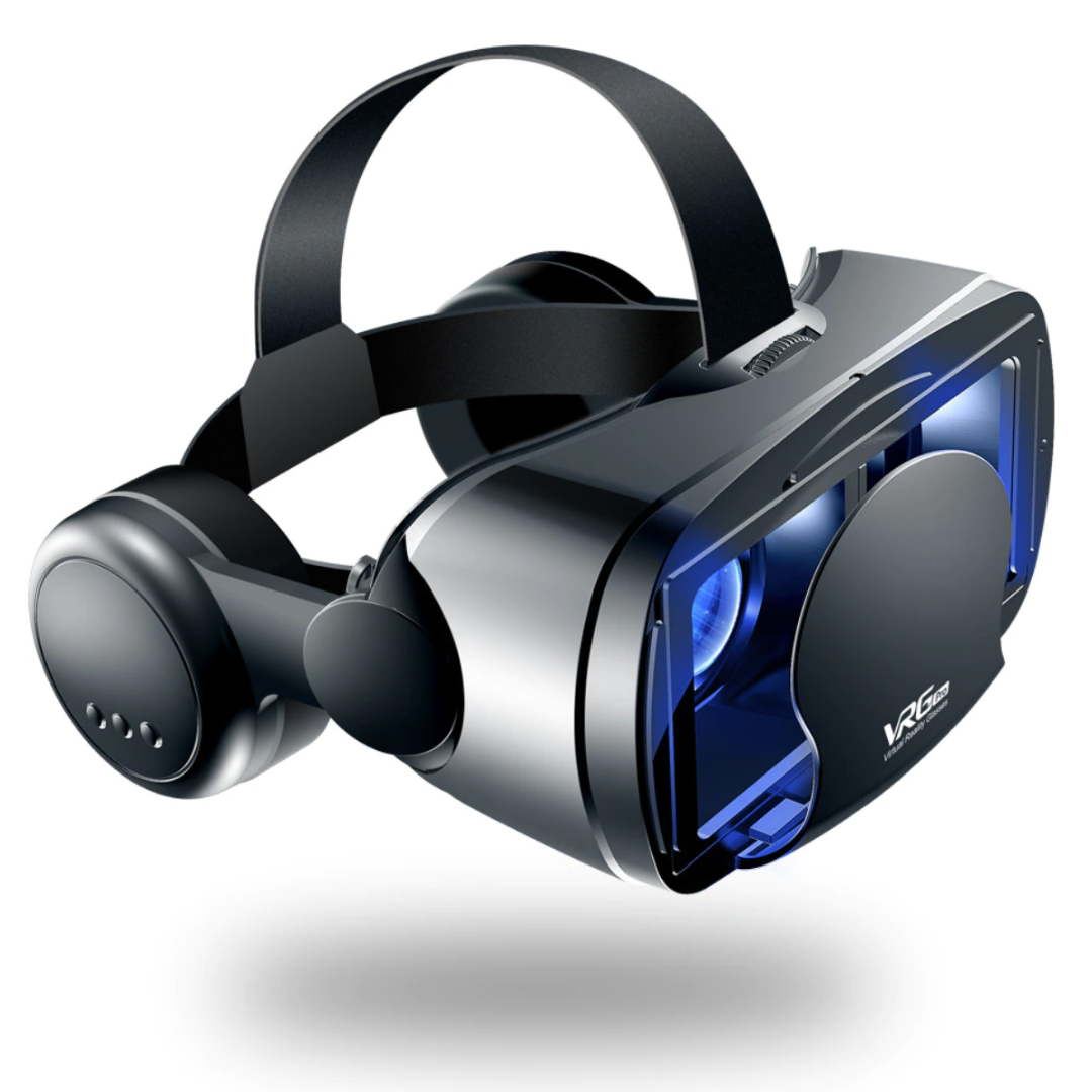 Universal VR headset for smartphones, Android & iOS compatible, with built-in headphones.