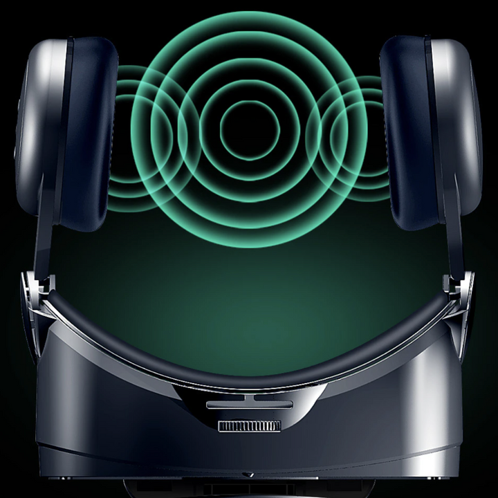 Sleek VR headset for phones, featuring built-in headphones for immersive gaming and movie viewing.