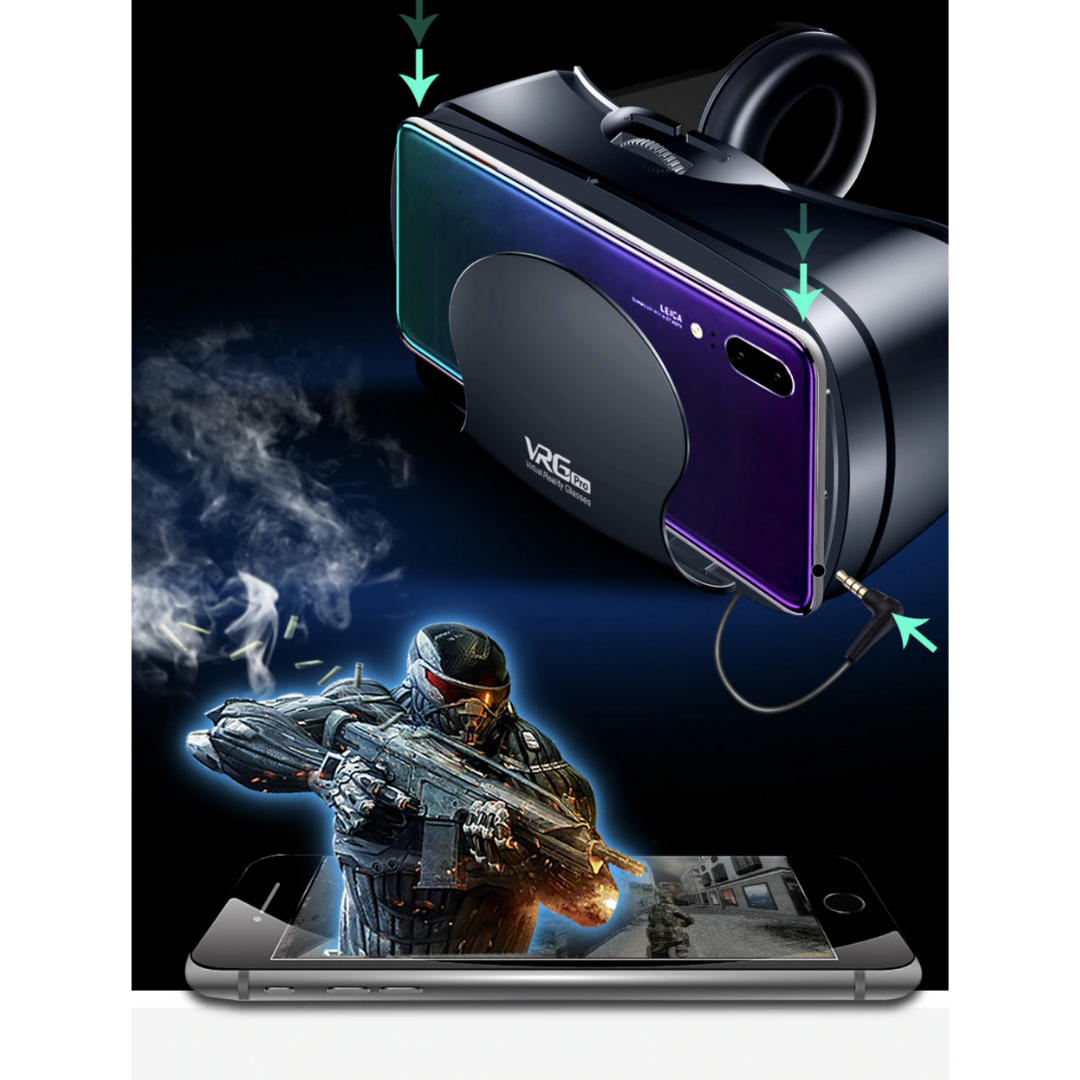 Virtual reality glasses with built-in headphones, providing a universal smartphone VR experience.