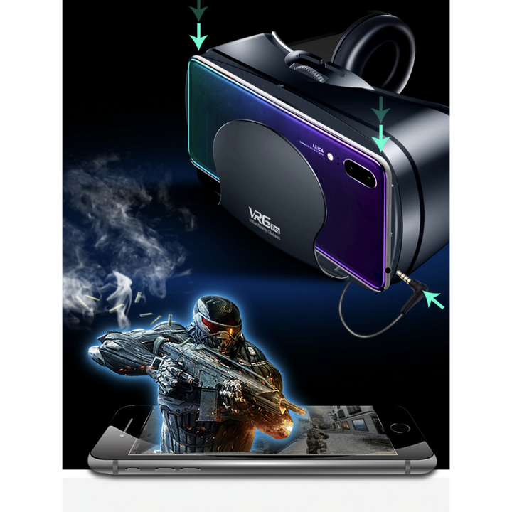 Virtual reality glasses with built-in headphones, providing a universal smartphone VR experience.