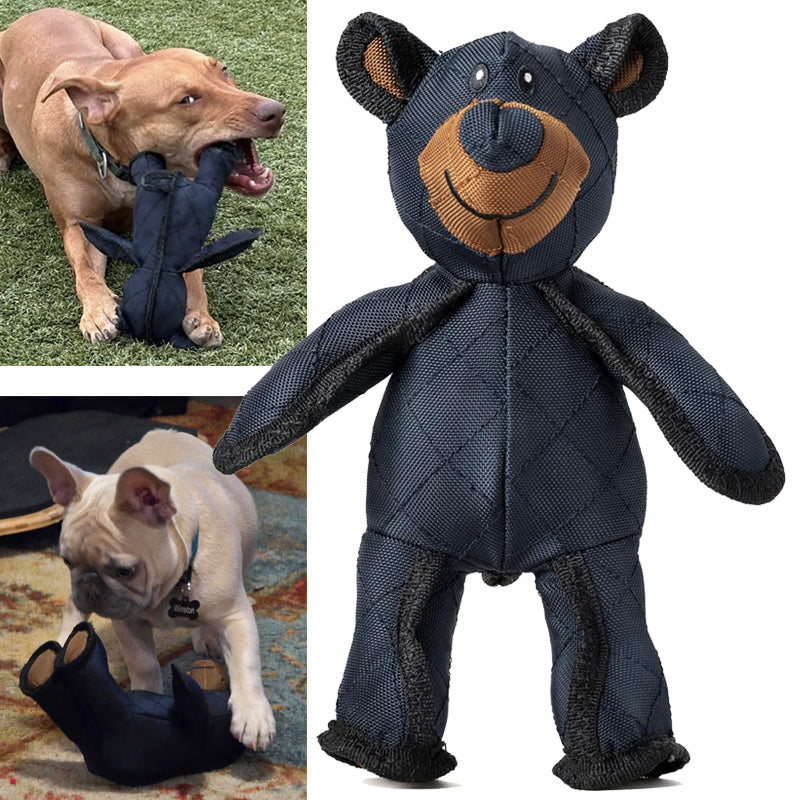 Indestructible bear dog toy, brown, for heavy chewers, promoting dental health.