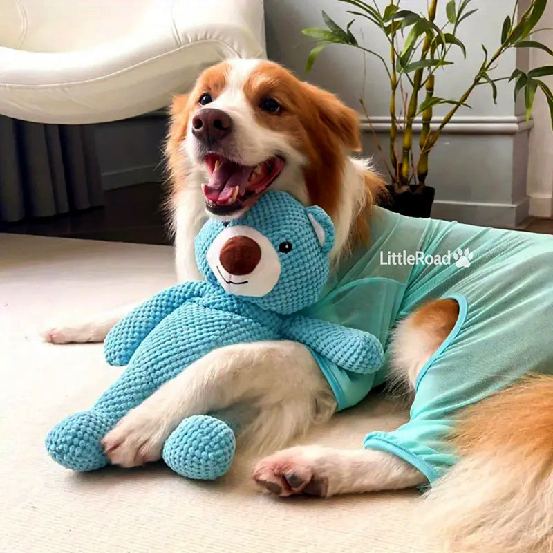 Durable blue bear plush dog toy for aggressive chewers, a giant pet toy for endless play.