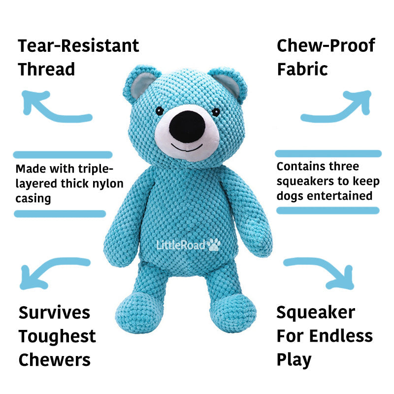Durable blue giant bear plush dog toy, perfect for aggressive chewers, interactive pet supplies.