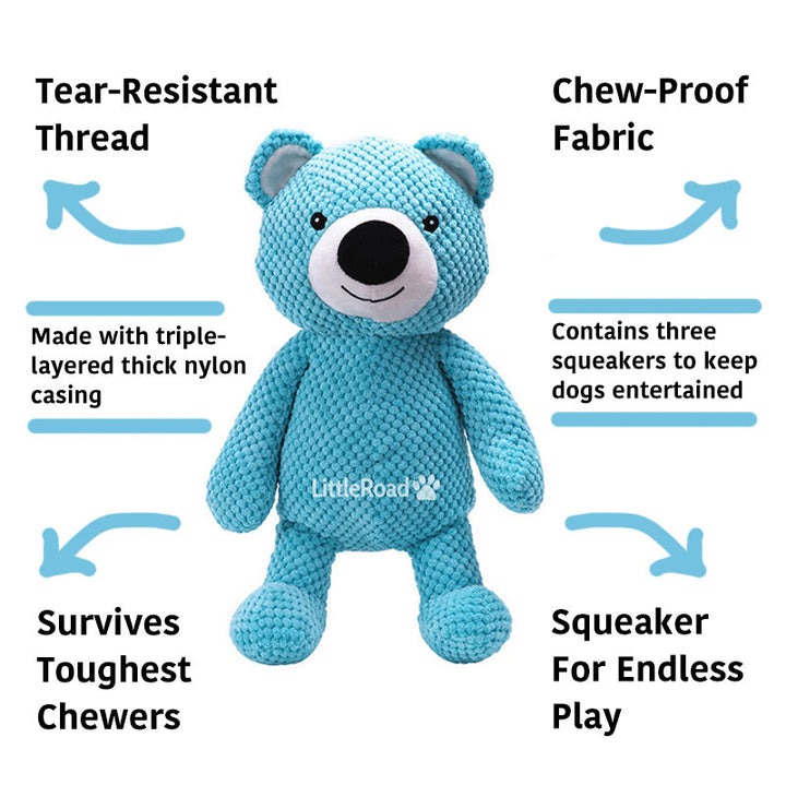 Durable blue giant bear plush dog toy, perfect for aggressive chewers, interactive pet supplies.