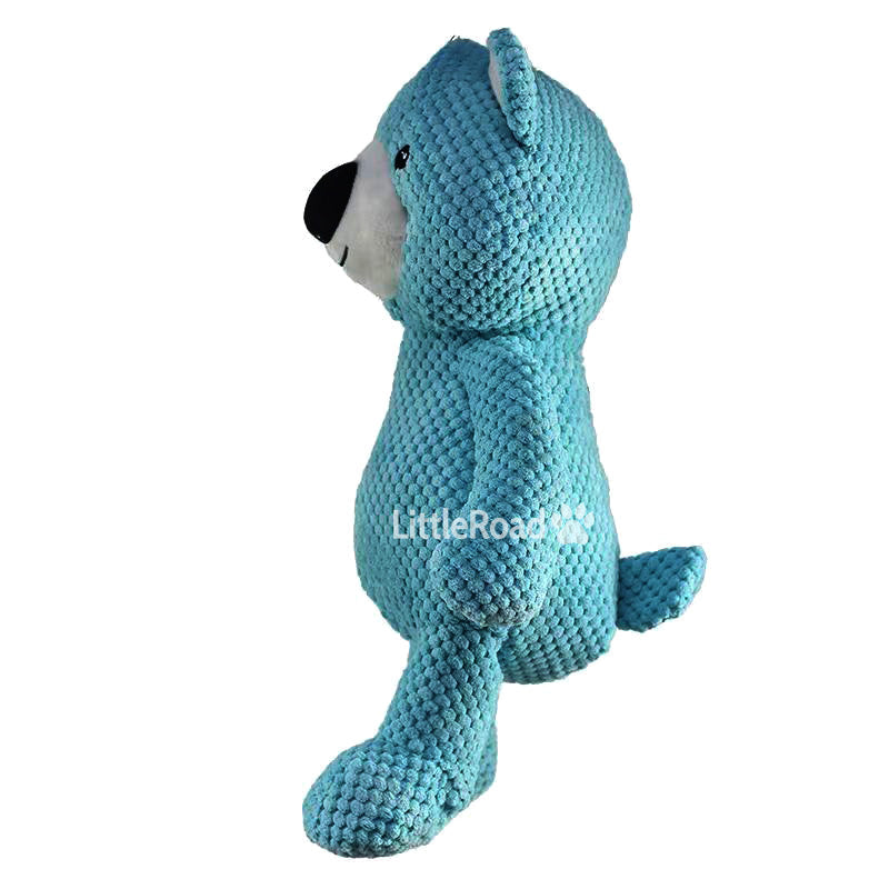 Indestructible blue bear dog toy for powerful chewers, soft yet tough plush pet supplies.