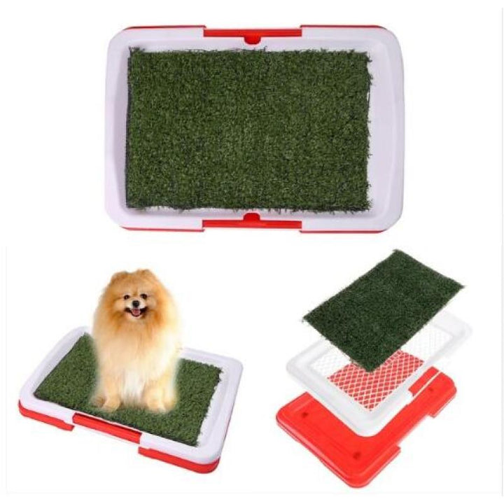 Dog training pad featuring synthetic turf, perfect for indoor/outdoor use, easy clean pet relief area.
