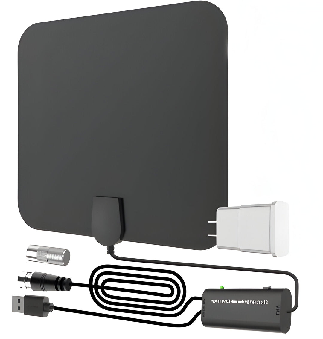 Indoor HDTV antenna with 300-mile range and signal booster for free digital TV channels.