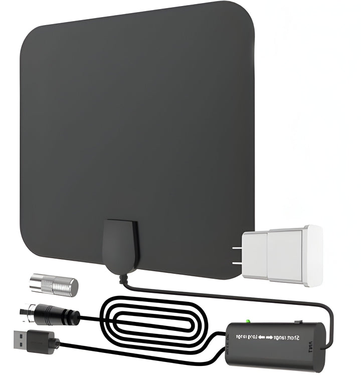 Indoor HDTV antenna with 300-mile range and signal booster for free digital TV channels.