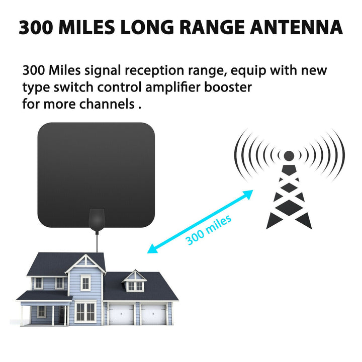 High-gain indoor HDTV antenna with powerful signal booster for reliable 300-mile digital TV reception.