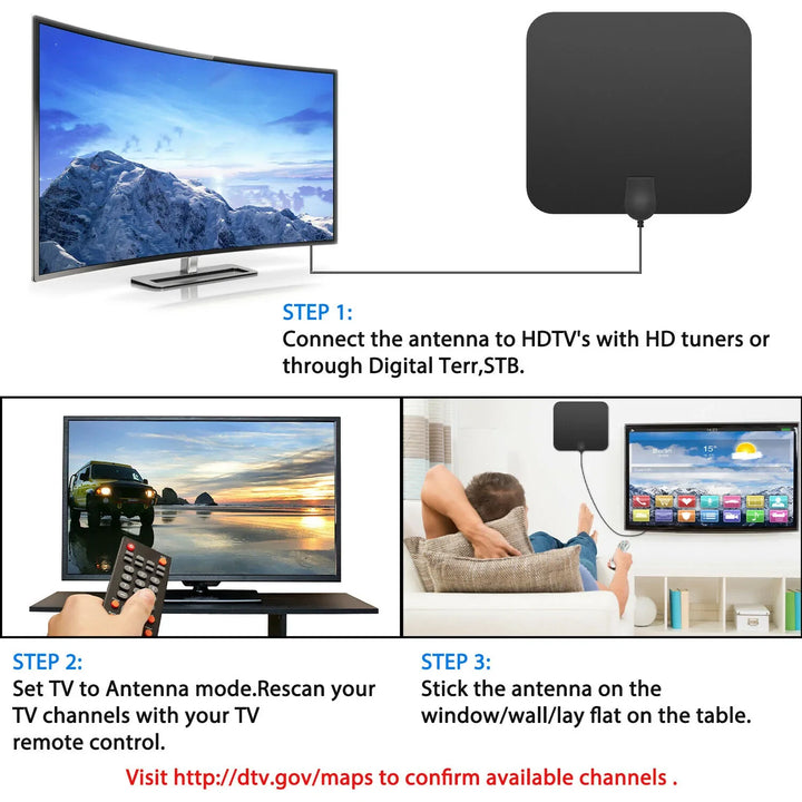 Easy-to-install indoor digital HDTV antenna with signal booster for access to free TV channels up to 300 miles.
