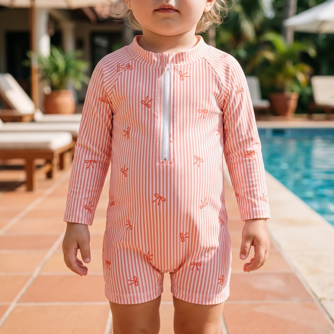 Infant UPF 50+ sun protection rash guard swim set with long sleeve top, shorts & matching hat for babies.