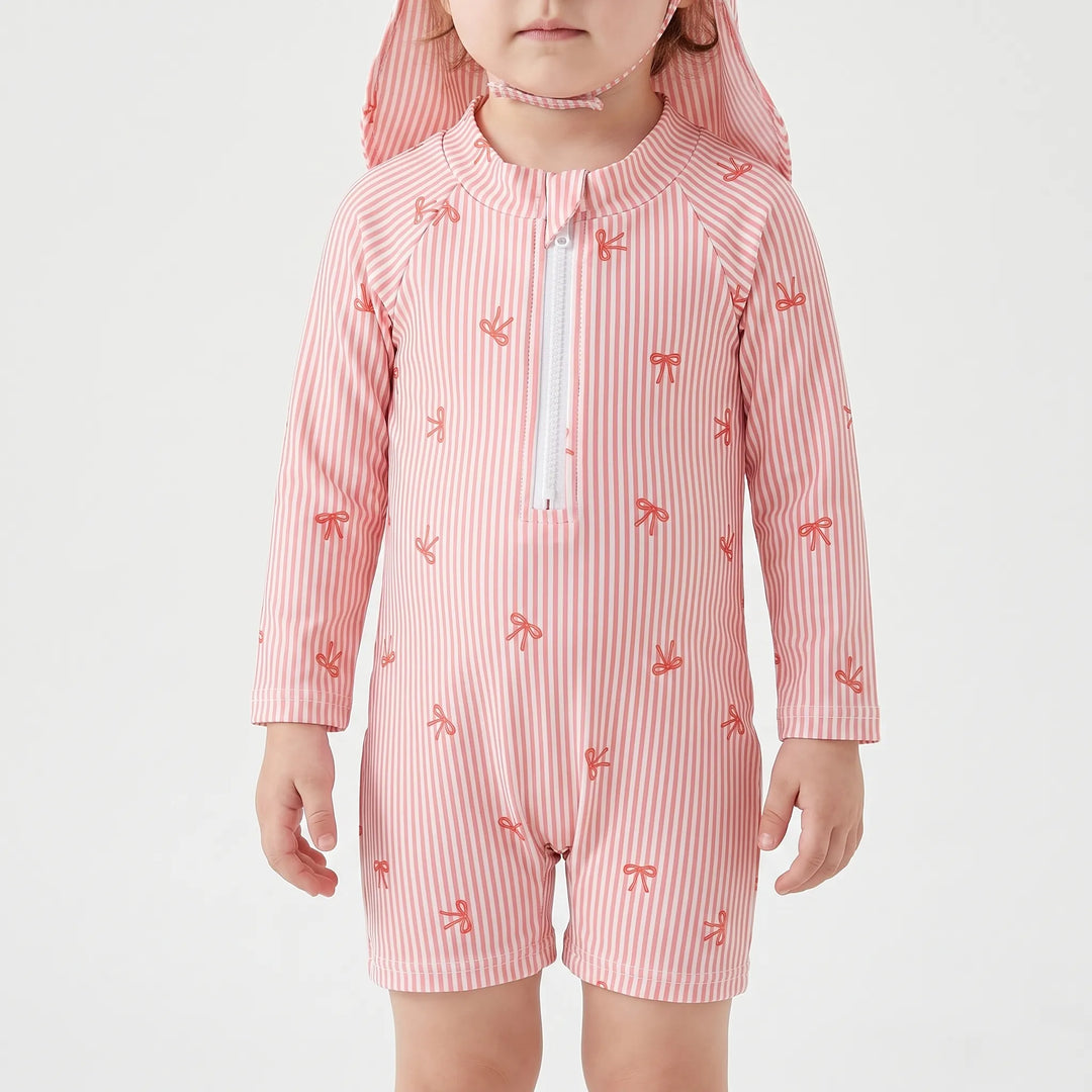 Baby long sleeve rash guard swimsuit with UPF 50+ for sun protection. Includes swim shorts & sun hat for infants.